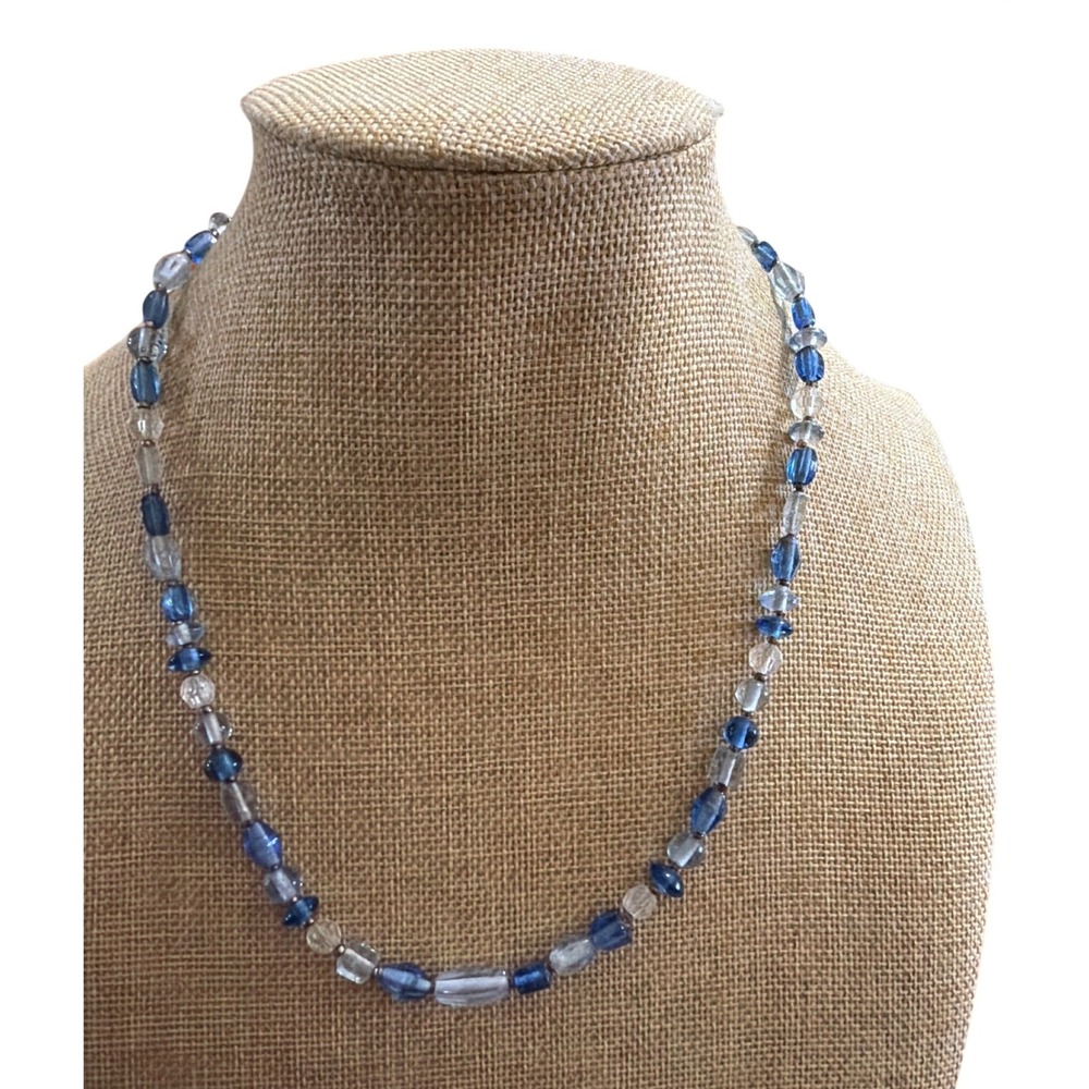 Vintage Blue and Clear Glass Beaded Necklace Coastal Boho Style